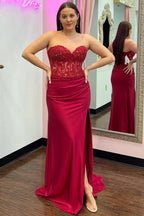 Ember | Sweetheart Corset Lace Hot Pink Long Prom Dress with Slit by KissProm