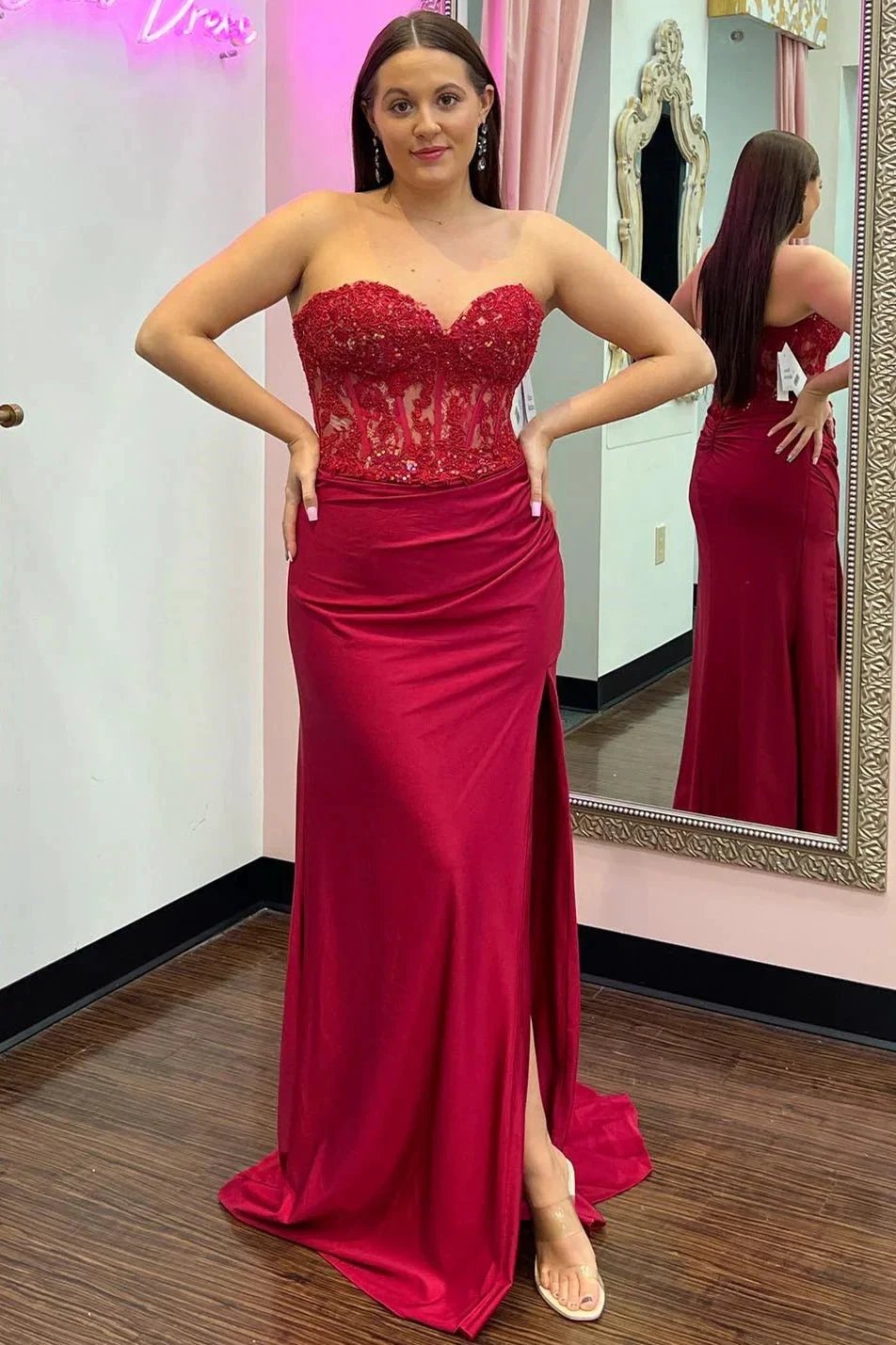 Ember | Sweetheart Corset Lace Hot Pink Long Prom Dress with Slit by KissProm
