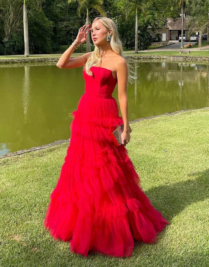 Matilda |A-Line Strapless Ruffled Tulle Prom Dress by KissProm