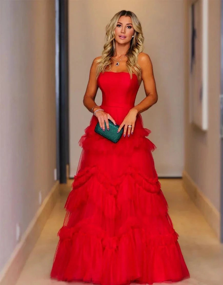 Matilda |A-Line Strapless Ruffled Tulle Prom Dress by KissProm