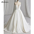 Customized Off Shoulder Crepe Satin A Line Floor Length Wedding Dress