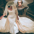 Retro Off-the-Shoulder Mermaid Wedding Dress with Overskirt by misshow.com