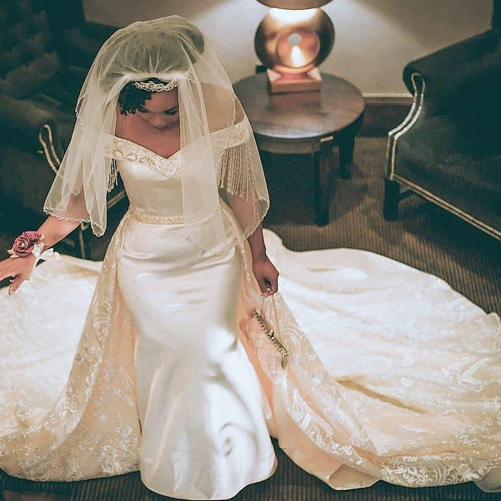 Retro Off-the-Shoulder Mermaid Wedding Dress with Overskirt by misshow.com