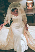 Retro Off-the-Shoulder Mermaid Wedding Dress with Overskirt by misshow.com