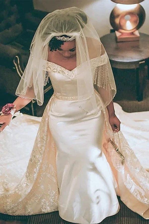 Retro Off-the-Shoulder Mermaid Wedding Dress with Overskirt by misshow.com