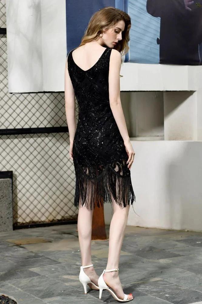 Retro Sparkly Sequins Slim Prom Dress Black V-Neck Sleeveless Flapper Roaring Party Dress by misshow.com