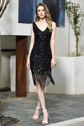 Retro Sparkly Sequins Slim Prom Dress Black V-Neck Sleeveless Flapper Roaring Party Dress by misshow.com