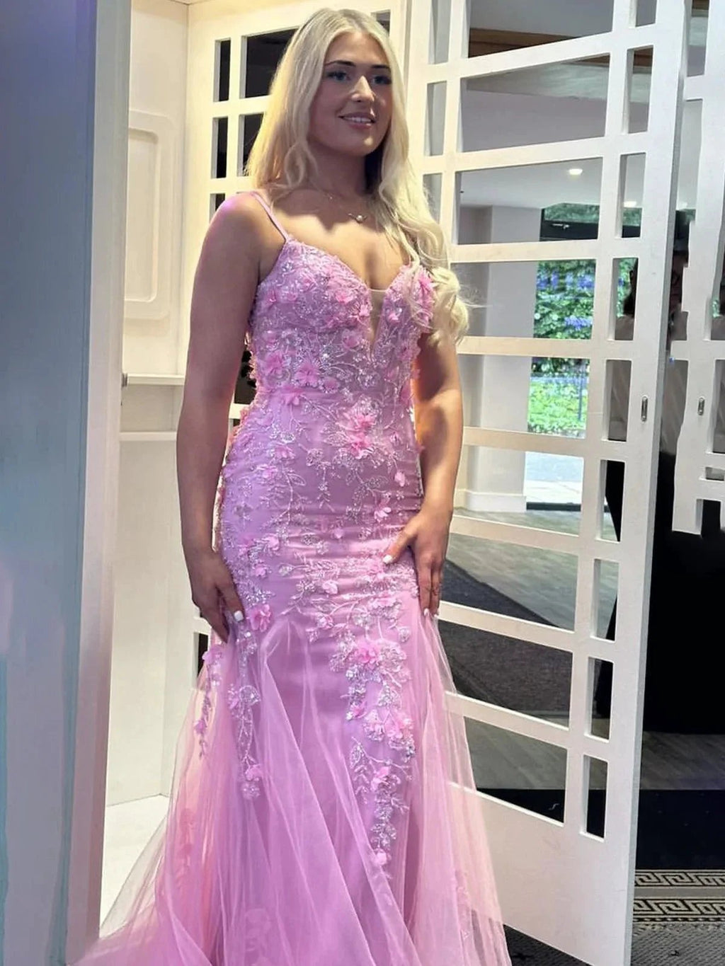 Reuben | Pink Spaghetti Straps Lace Appliques Mermaid Long Prom Dress by KissProm