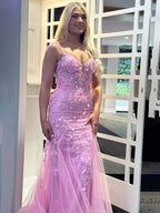 Reuben | Pink Spaghetti Straps Lace Appliques Mermaid Long Prom Dress by KissProm