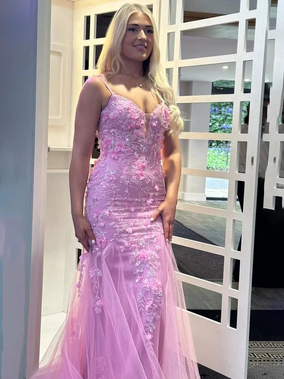 Reuben | Pink Spaghetti Straps Lace Appliques Mermaid Long Prom Dress by KissProm