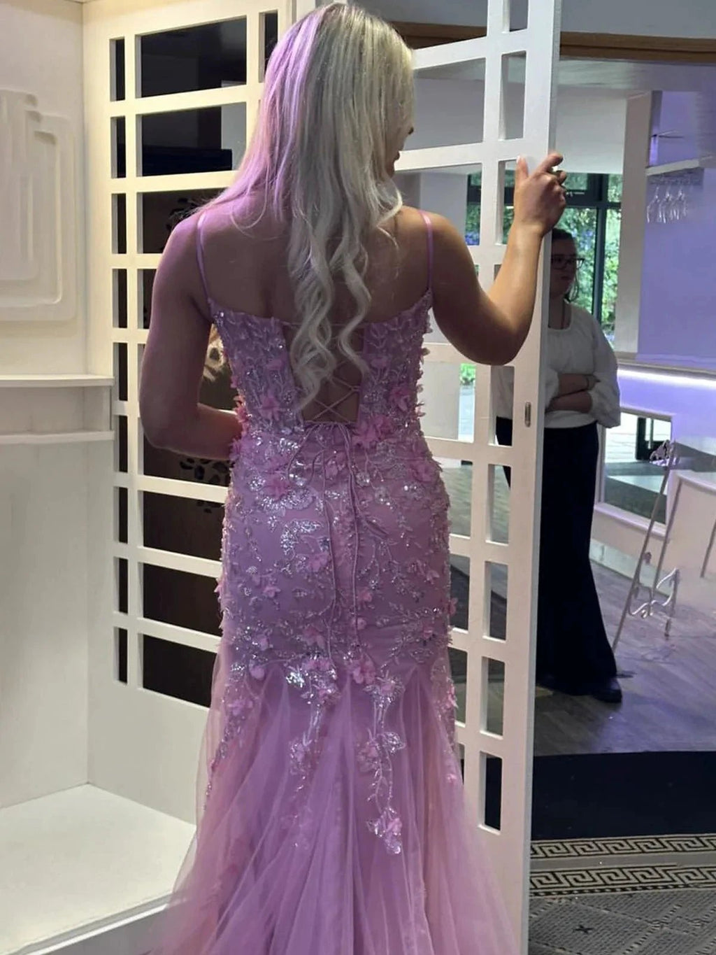 Reuben | Pink Spaghetti Straps Lace Appliques Mermaid Long Prom Dress by KissProm