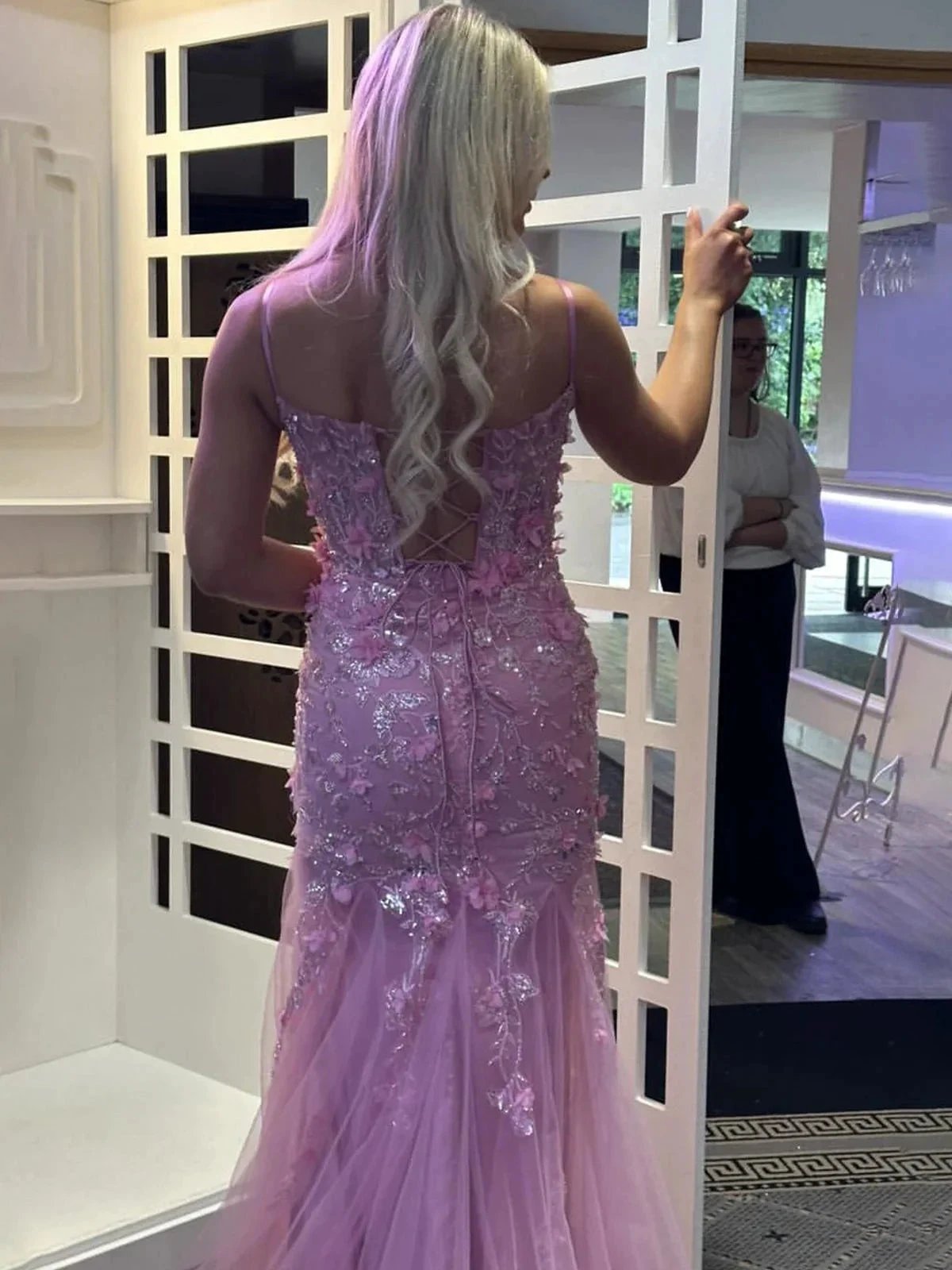 Reuben | Pink Spaghetti Straps Lace Appliques Mermaid Long Prom Dress by KissProm
