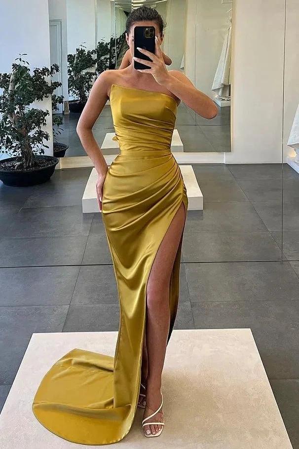 Rialyn | Strapless Satin Pleated Mermaid Sleeveless High Slit Long Prom Dress by KissProm