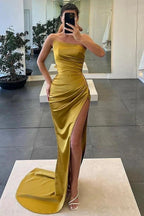 Rialyn | Strapless Satin Pleated Mermaid Sleeveless High Slit Long Prom Dress by KissProm