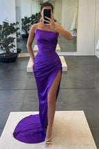 Rialyn | Strapless Satin Pleated Mermaid Sleeveless High Slit Long Prom Dress by KissProm