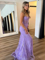 Rodney | Lilac V Neck Lace Mermaid Long Prom Dress With Appliques by KissProm