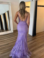 Rodney | Lilac V Neck Lace Mermaid Long Prom Dress With Appliques by KissProm