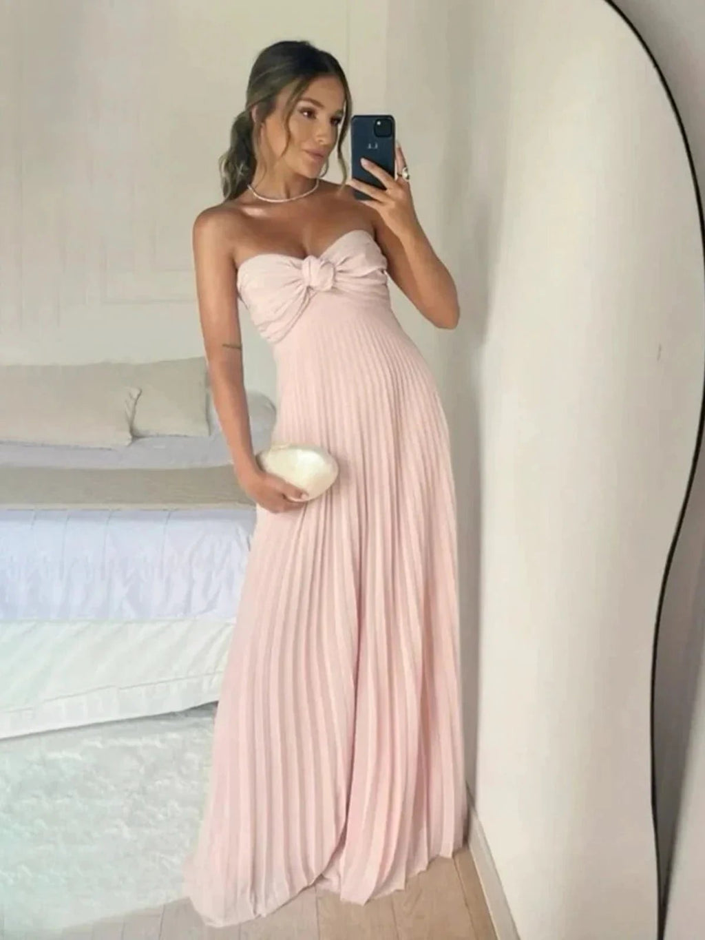 Rodri | A Line Light Pink Strapless Chiffon Long Prom Dress by KissProm