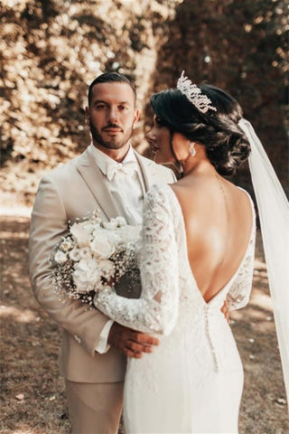 Romantic Backless Long Sleeves Mermaid Wedding Dresses