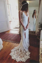 Romantic Boho Deep U Neck Backless Lace Pretty Mermaid Elegant Wedding Dresses by misshow.com