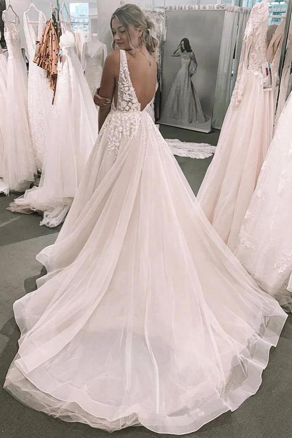 Romantic Deep V Neckline Floral Appliqued Bridal Gown Wedding Dress WD460 by pgmdress