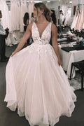 Romantic Deep V Neckline Floral Appliqued Bridal Gown Wedding Dress WD460 by pgmdress