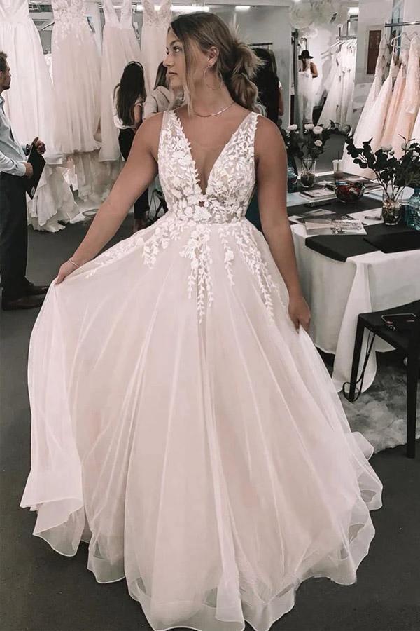 Romantic Deep V Neckline Floral Appliqued Bridal Gown Wedding Dress WD460 by pgmdress