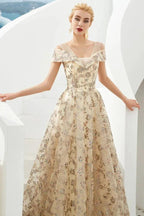 Romantic Floral Short Sleeves aline Spring Evening Party Dress Floor Length Dancing Dress by misshow.com