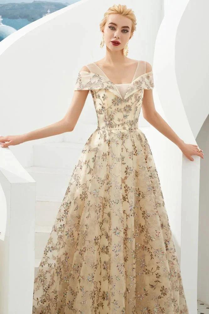 Romantic Floral Short Sleeves aline Spring Evening Party Dress Floor Length Dancing Dress by misshow.com