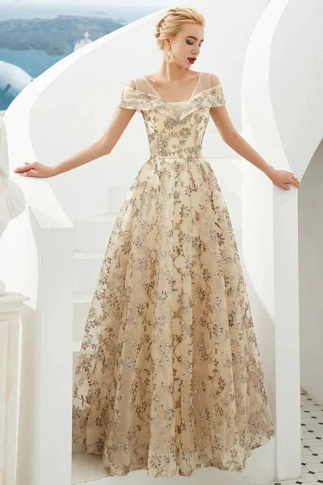 Romantic Floral Short Sleeves aline Spring Evening Party Dress Floor Length Dancing Dress by misshow.com