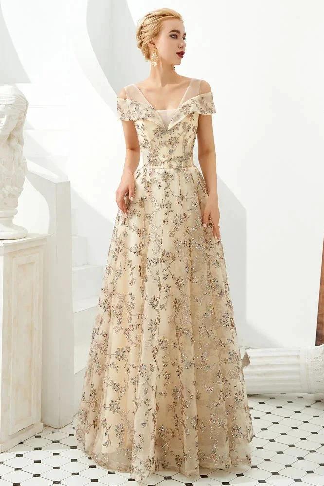 Romantic Floral Short Sleeves aline Spring Evening Party Dress Floor Length Dancing Dress by misshow.com