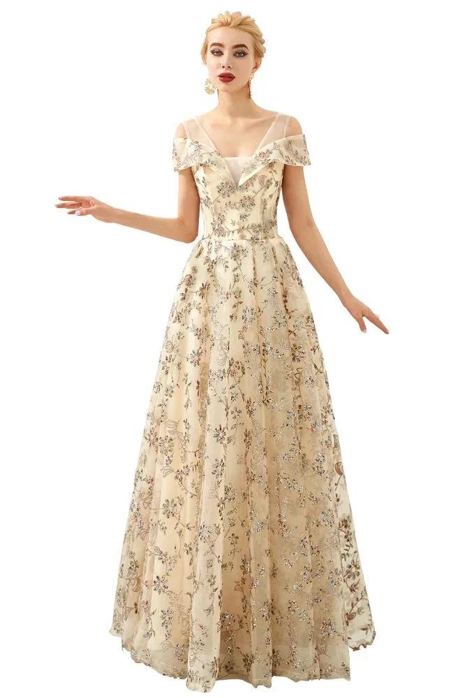 Romantic Floral Short Sleeves aline Spring Evening Party Dress Floor Length Dancing Dress by misshow.com