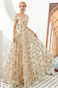 Romantic Floral Short Sleeves aline Spring Evening Party Dress Floor Length Dancing Dress by misshow.com