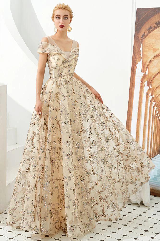 Romantic Floral Short Sleeves aline Spring Evening Party Dress Floor Length Dancing Dress by misshow.com