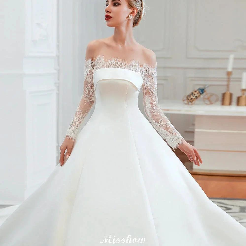 Romantic Lace Princess Satin Wedding Dress| Aline Bridal Gown with Cathedral Train by misshow.com