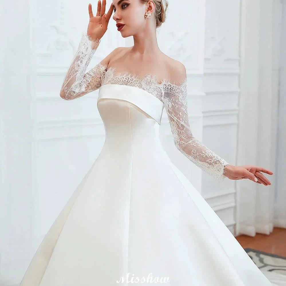 Romantic Lace Princess Satin Wedding Dress| Aline Bridal Gown with Cathedral Train by misshow.com