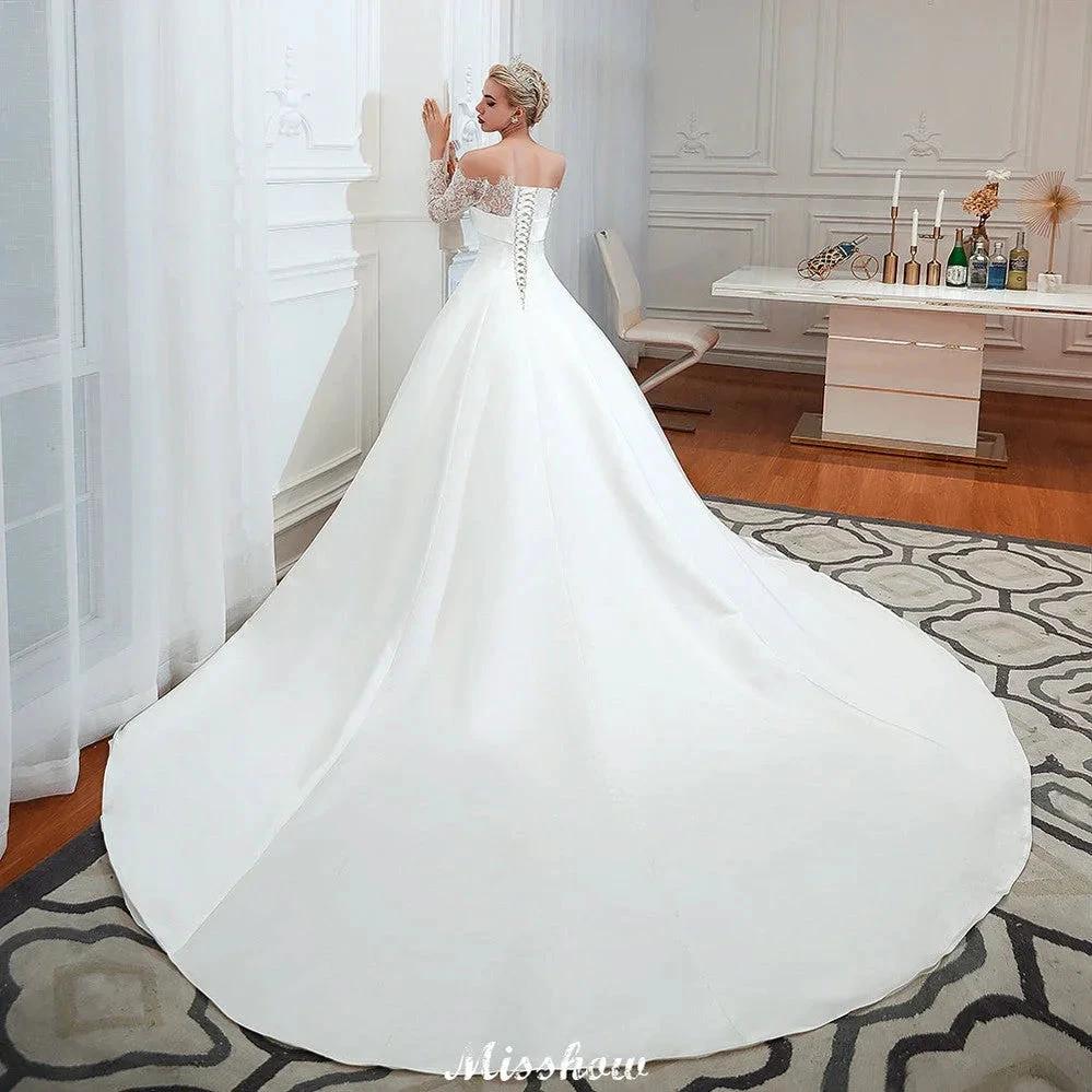 Romantic Lace Princess Satin Wedding Dress| Aline Bridal Gown with Cathedral Train by misshow.com