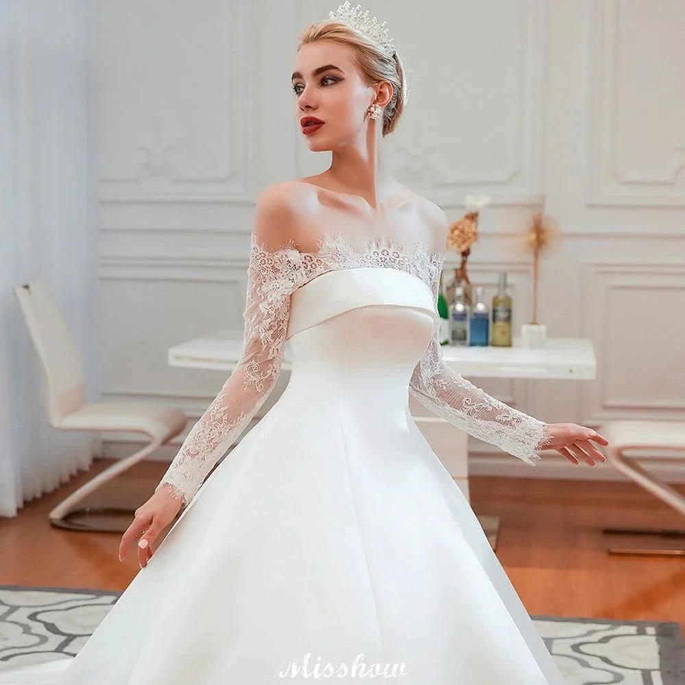 Romantic Lace Princess Satin Wedding Dress| Aline Bridal Gown with Cathedral Train by misshow.com
