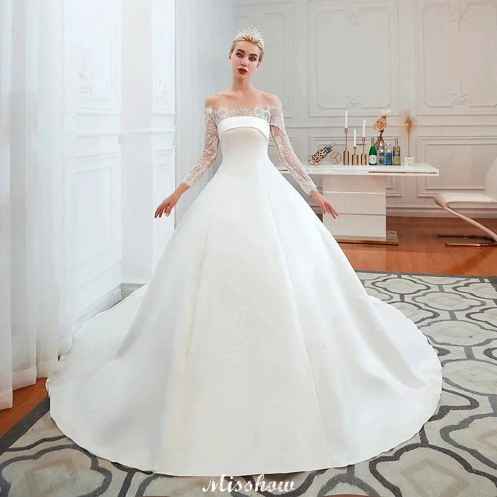 Romantic Lace Princess Satin Wedding Dress| Aline Bridal Gown with Cathedral Train by misshow.com