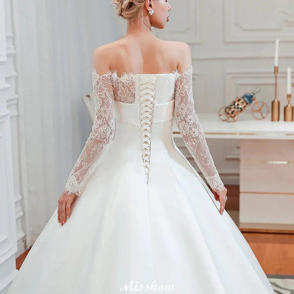 Romantic Lace Princess Satin Wedding Dress| Aline Bridal Gown with Cathedral Train by misshow.com