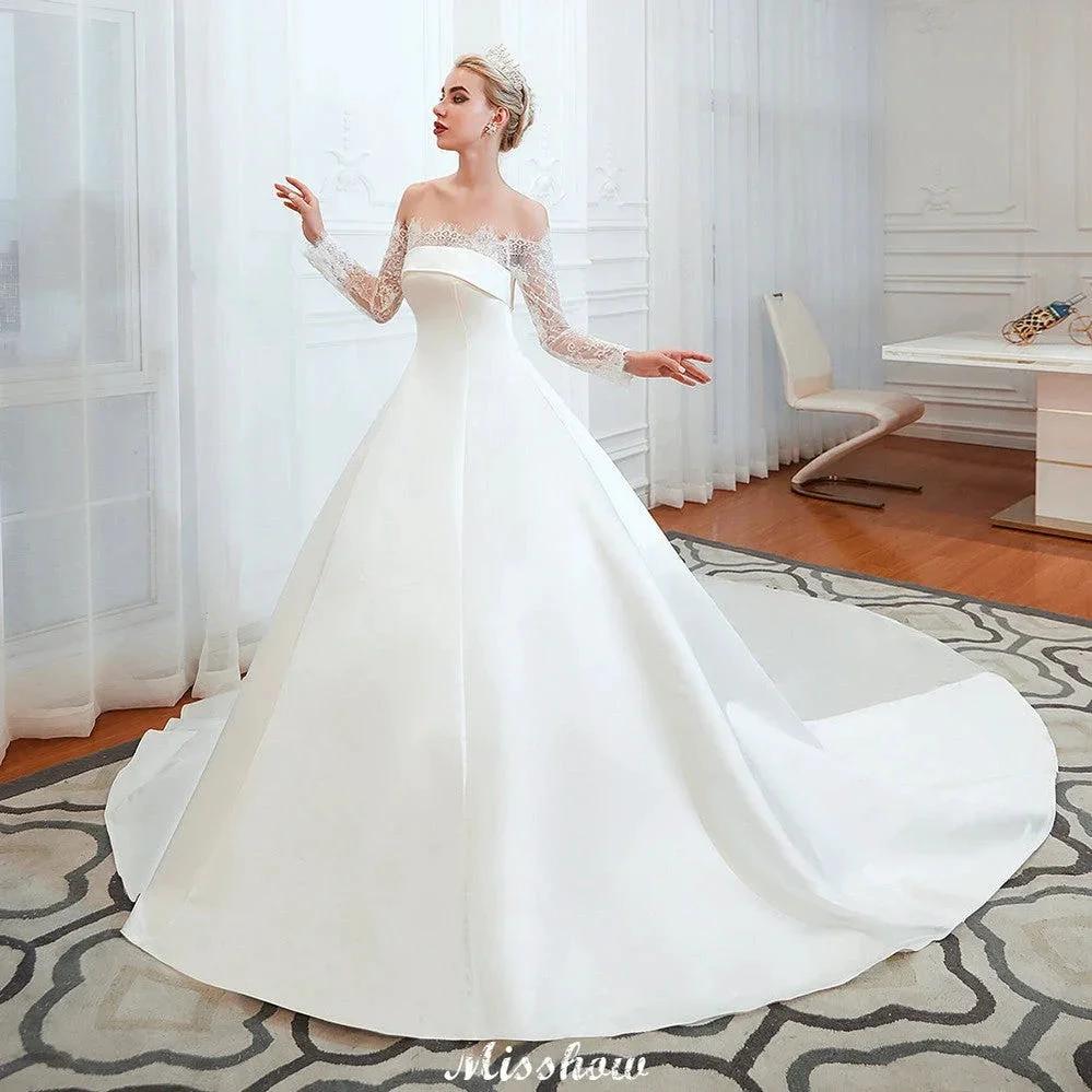 Romantic Lace Princess Satin Wedding Dress| Aline Bridal Gown with Cathedral Train by misshow.com