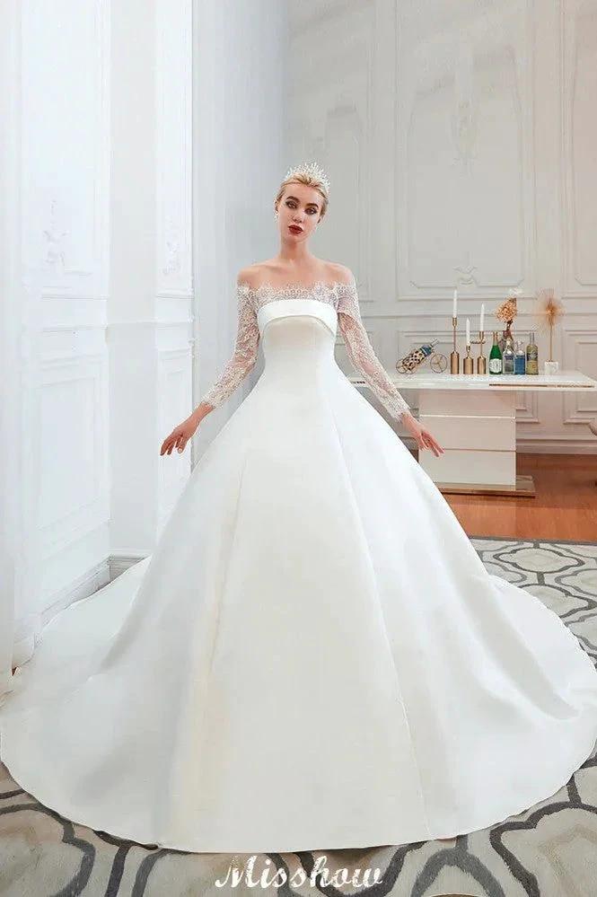 Romantic Lace Princess Satin Wedding Dress| Aline Bridal Gown with Cathedral Train by misshow.com