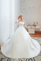 Romantic Lace Princess Satin Wedding Dress| Aline Bridal Gown with Cathedral Train by misshow.com