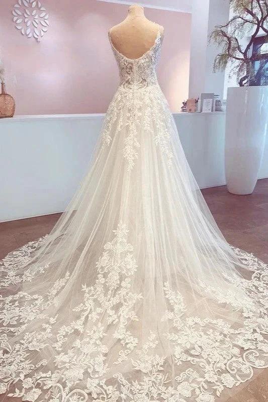 Romantic Long A-Line Spaghetti Straps Appliques Lace Backless Wedding Dress by BIZTUNNEL