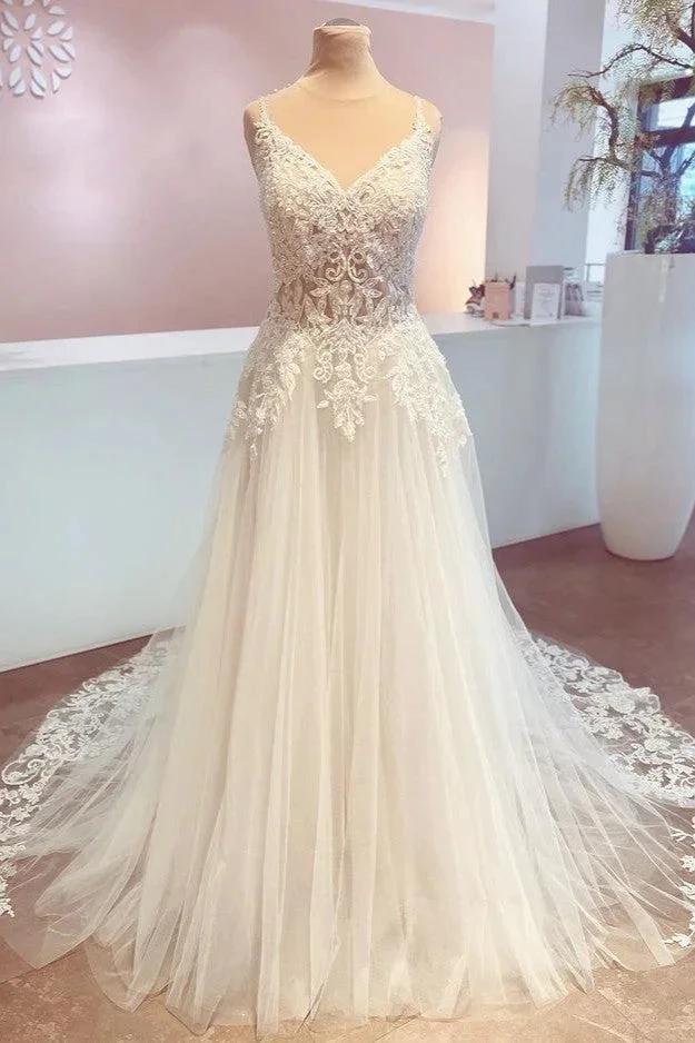 Romantic Long A-Line Spaghetti Straps Appliques Lace Backless Wedding Dress by BIZTUNNEL