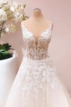 Romantic Long A-line Spaghetti Straps Appliques Lace Tulle Wedding Dress by BIZTUNNEL