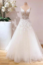 Romantic Long A-line Spaghetti Straps Appliques Lace Tulle Wedding Dress by BIZTUNNEL