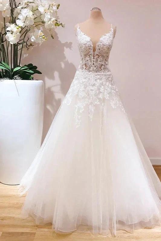 Romantic Long A-line Spaghetti Straps Appliques Lace Tulle Wedding Dress by BIZTUNNEL