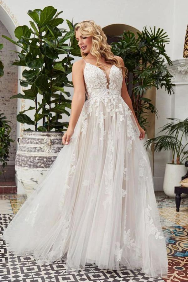Romantic Long A-line V-neck Lace Tulle Lace Open Back Wedding Dress by BIZTUNNEL