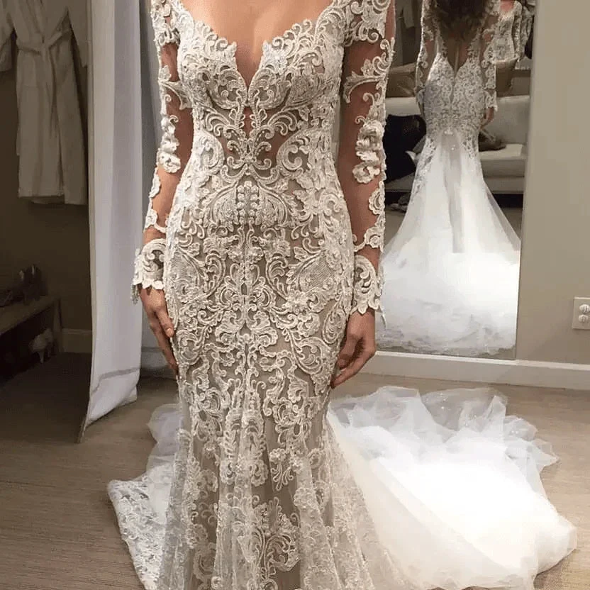 Romantic Long Appliques Backless Lace Mermaid Ivory Wedding Dresses WD140 by pgmdress